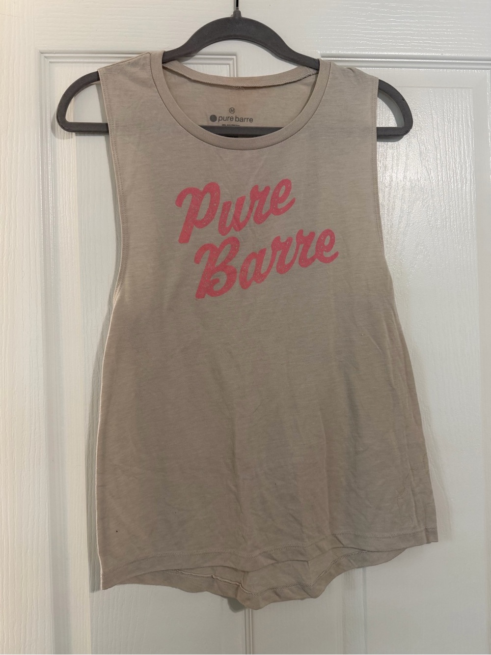 Pure Barre Taupe Muscle Tee with Pink Script Logo